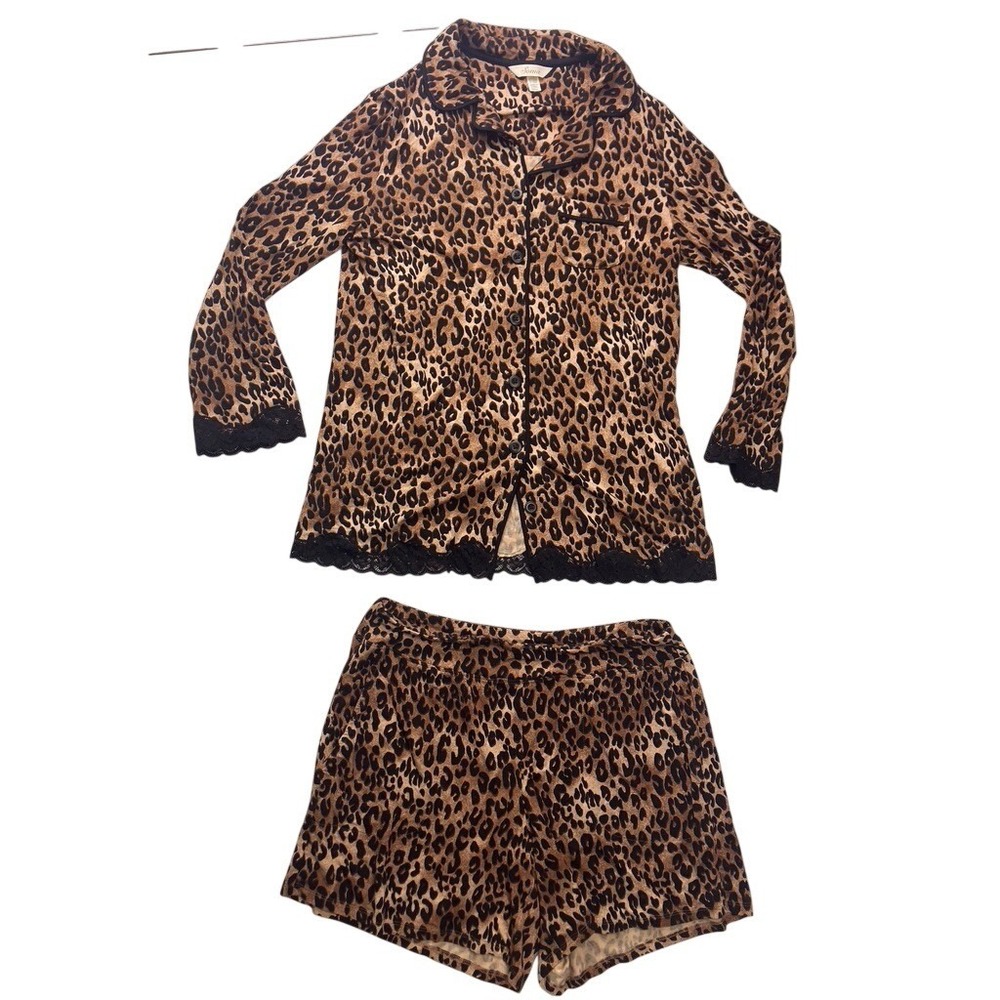 Soma Pajama Set Women Small Brown Leopard‎ Print Lace Trim Button Front Shorts